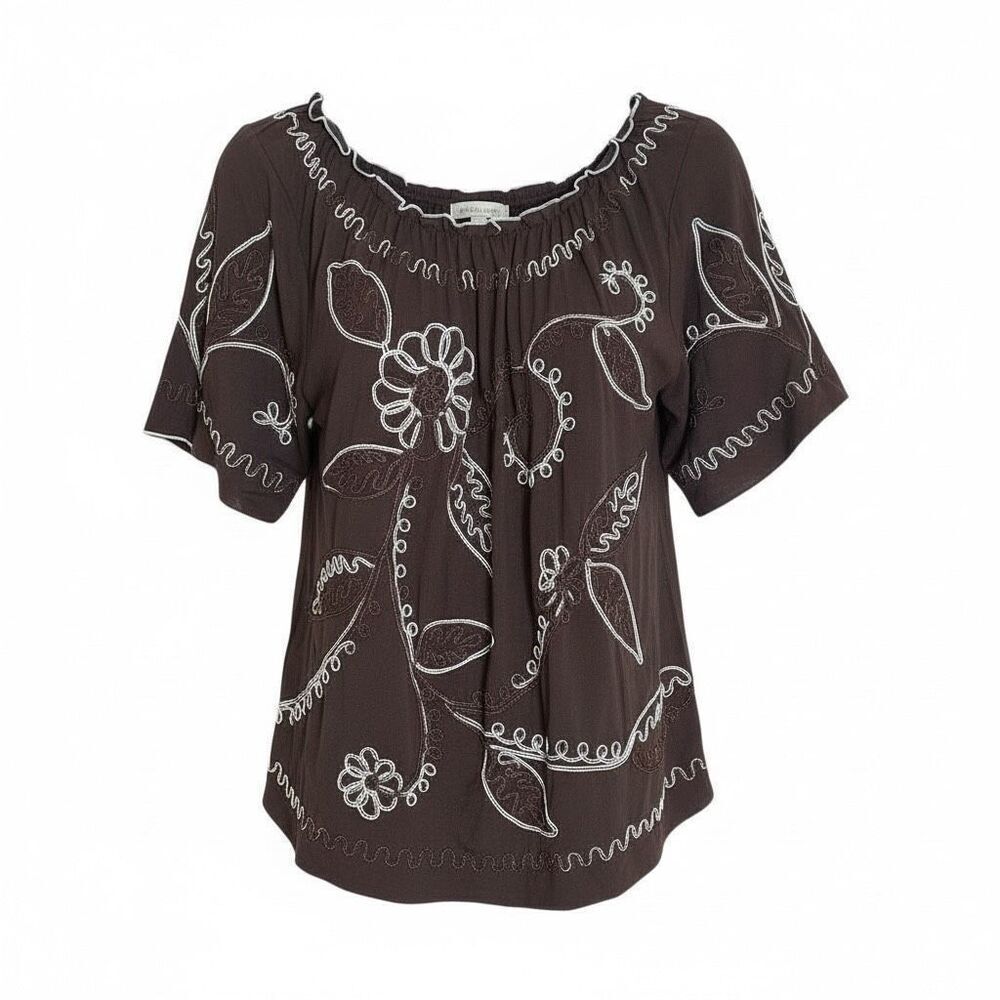 Essentials NWOT Embroidered Short Sleeve Boho Peasant Blouse Brown White Size 1X